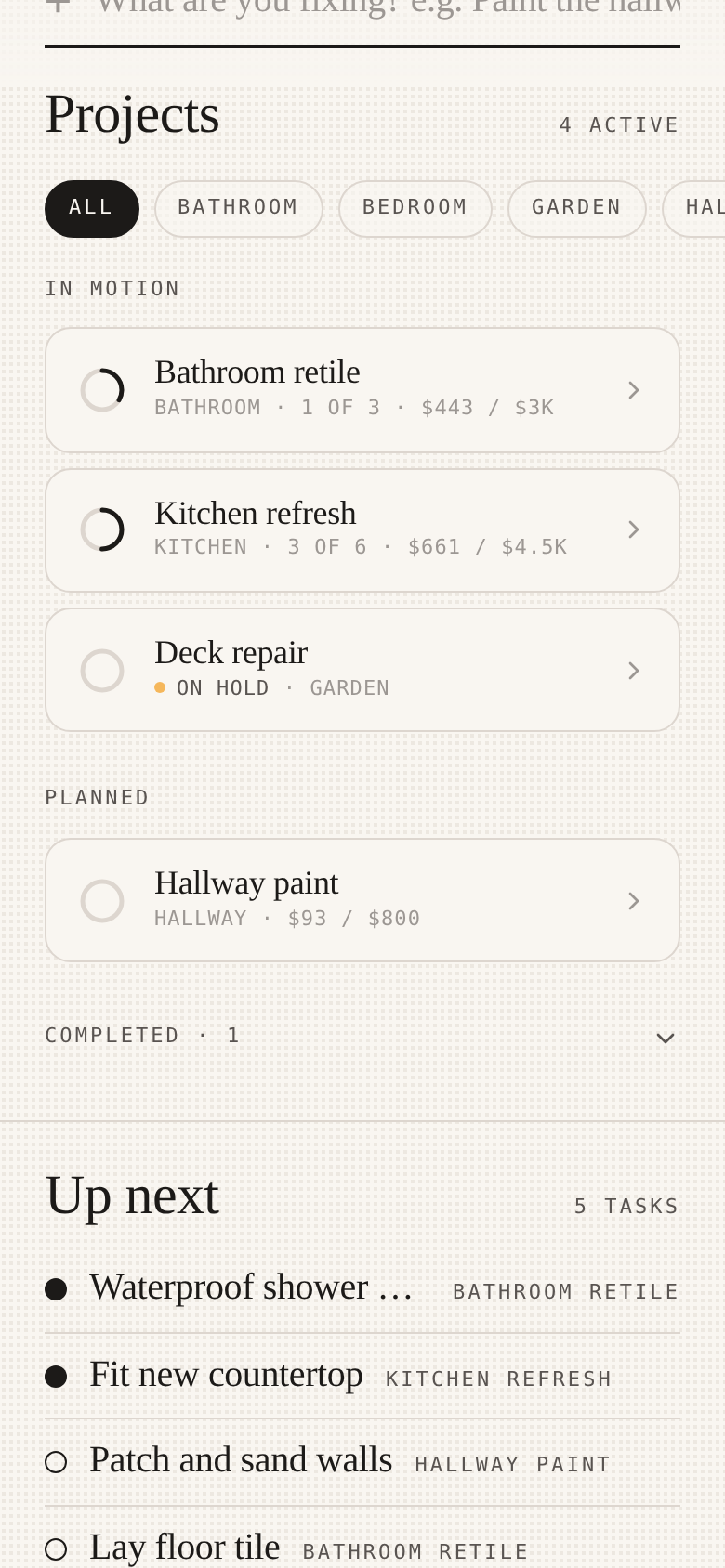 RoomKit home screen showing room projects with task progress and budgets